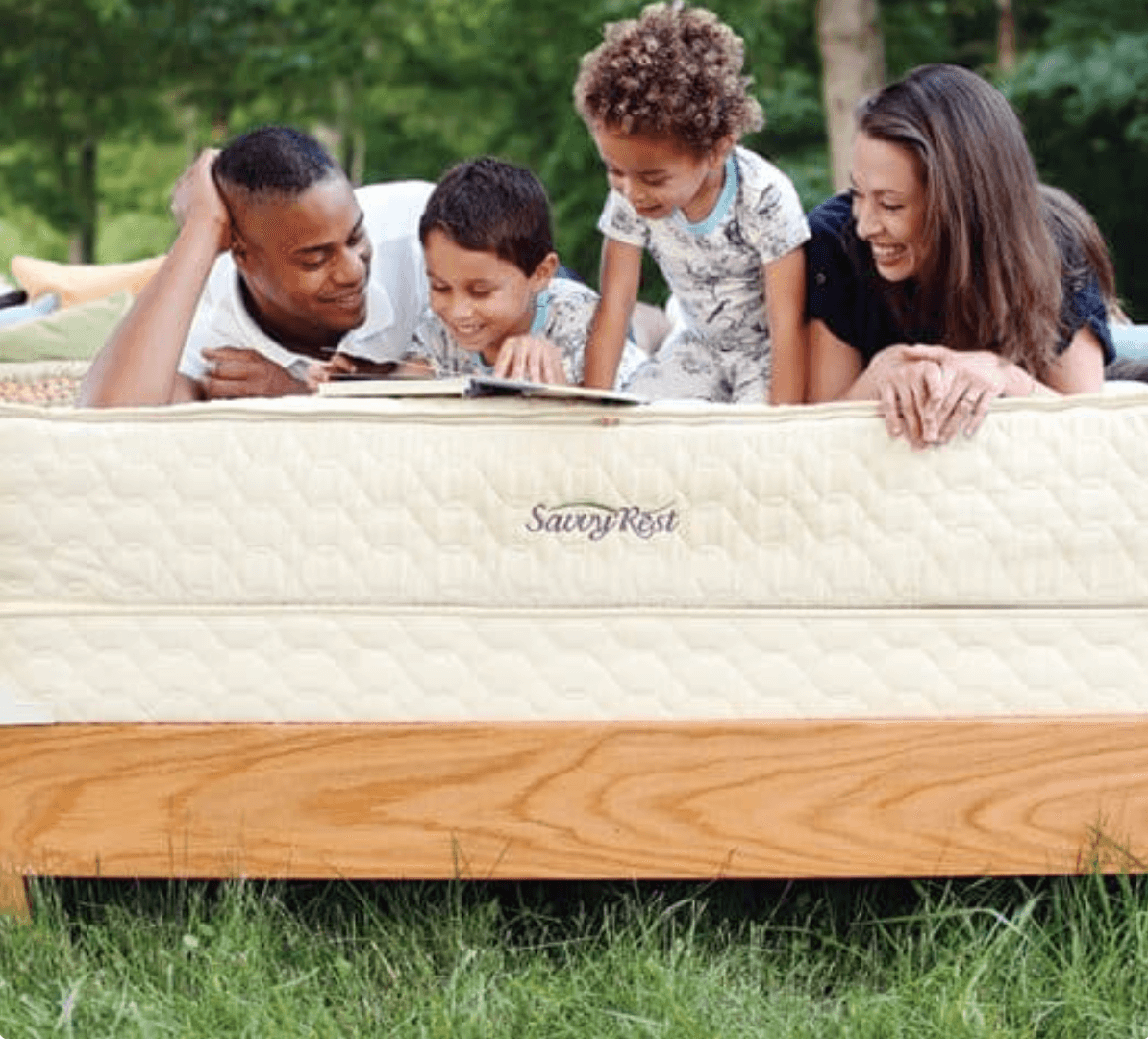 Children and mom lying with pleasure on the Savvy Rest mattress in Surrey, British Columbia